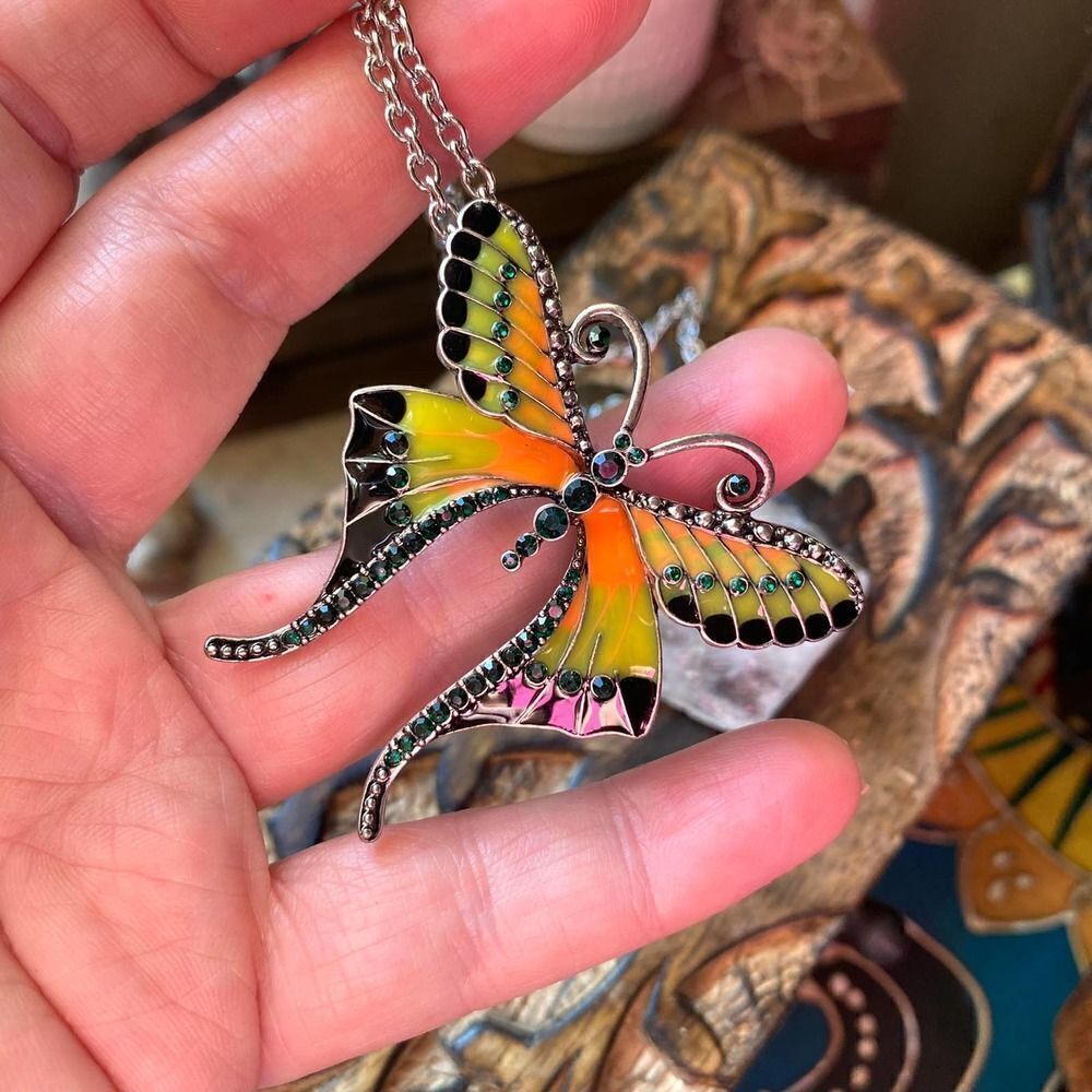 Butterfly Enamel CZ Necklace Brooch